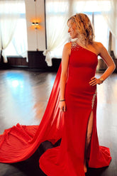 Red Prom Dress One Shoulder Mermaid Streamer Formal Dress With Slit